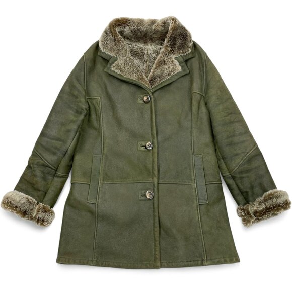 Wolff  Canada Shearling Sheepskin Olive Green Leather Fur Coat Jacket Women's L - Picture 1 of 12